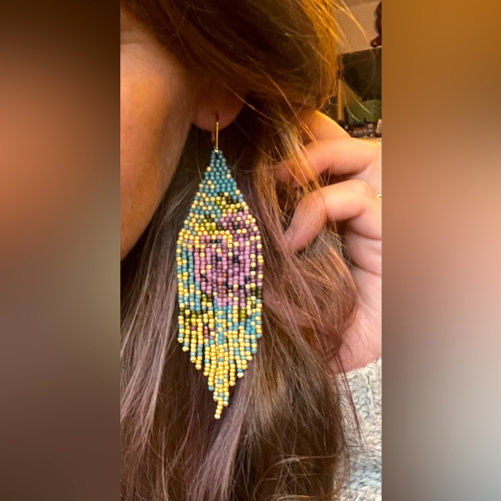 Purple rose woven beaded fringe earrings